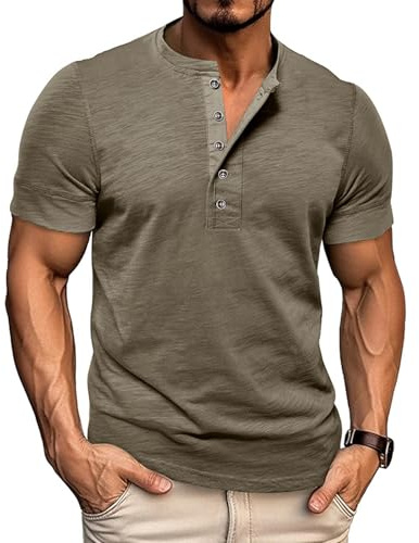Volemo Henley T Shirt Uomo Maglietta Manica Corta Cotone Regular Fit Tshirt Bottone S-3XL (Verde,XXL)