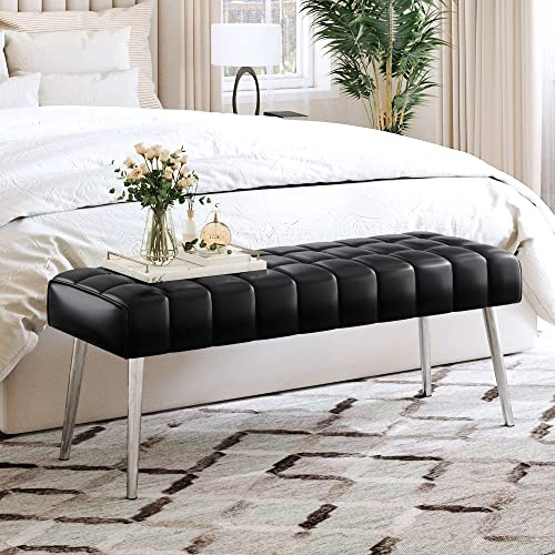 LUE BONA Panca da letto 113 cm in similpelle imbottita con gambe in metallo, ideale per camera da letto, soggiorno o ingresso, Nero
