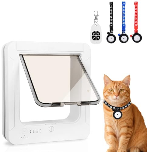 Fantspati Gattaiola per Gatti Con Microchip, 3 Chiavi Con Sensore a Collare e 1 Telecomando, Porta per Gatti Con Chiusura a 4 Vie e Sensore a Collare RFID (Bianco)