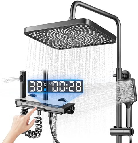 Sistema Doccia con Termostat con display digitale a LED, soffione doccia XL a pioggia, doccetta, getto ausiliario e rubinetto a cascata – Acciaio inossidabile – Colonna Doccia Regolabile (Grigio)