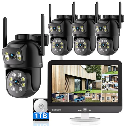 SANSCO CCTV Camera Security System with 12 Screen Monitor,4+4MP Dual lens PTZ Outdoor WiFi IP Cameras with 360° Pan Tilt & Auto Tracking,16CH NVR with 1TB HDD,5G&2.4G WiFi