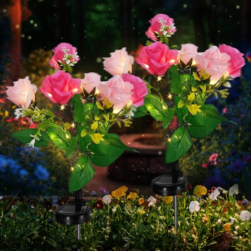 owwasd 2 Pack Rose Solar Flower Outdoor Lights, Waterproof IP65 Garden Light, Rose Petal Design for Patio, Yard, Fence, Garden Ornament，Mother Birthday Gifts(Pink)