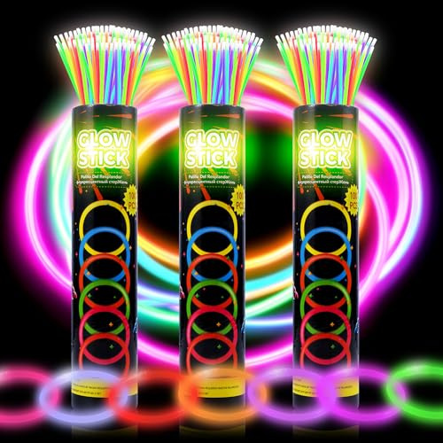 JSronms 300 Ultra Glow sticks bulk party pack，8 Neon Glowsticks Easter Party Favors，Glow sticks for kids，Halloween Glow in the Dark Party Supplies Pack、With Bracelets and Necklaces