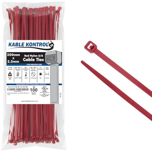 Kable Kontrol Red Cable Ties, 200 mm x 2.5 mm, Pack of 100, 8 Premium Nylon Zip Ties, Multi-Purpose Plastic Tie Wraps, Secure Self-Locking Mechanism, for Home, Garden, Office and DIY