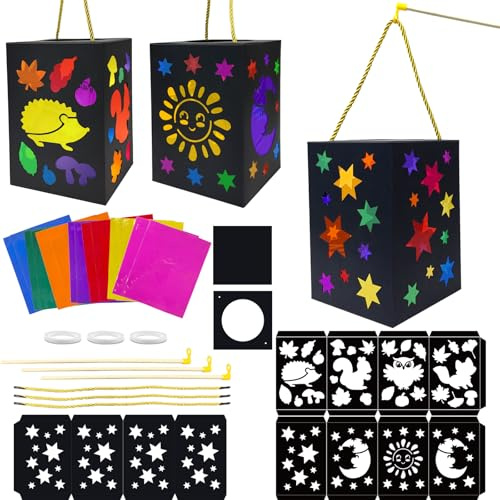 JOYEASE Laternen Bastelset für Kinder, 3 Stück DIY Sankt Martin Laterne Kinder, Laterne Basteln Waldtiere Sonne Mond Sterne mit 28 Blatt Bunt Transparentpapier für Junge Mädchen Laternenumzug