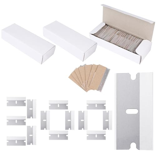 Akamino 300 PCS Replacement Scraper Blades, Double Edged Plastic Scraper, Car Sticker Remover, Glass Paint Scraper Cleaning Tool for Removing Decals, Label, Glue, Sticky Stuff (3 Box)