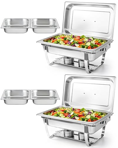 Chafing Dishes for Buffet 2 Pack, 9L Roll Top Designed Rectangle Chafing Dish Buffet Set [2 Full & 4 Half Size Pans] Food Warmers for Parties, Birthday, Holiday Parties, Church Events (Silver)