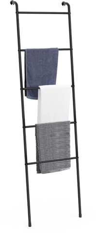 UOMIO 5-Tier Towel Ladder Shelf, Space Saving Free Standing Towel Rail, Decorative Leaning Blanket Ladder Shelf, Towel Rack Holder Stand for Bathroom Bedroom Living room, Rustic Black