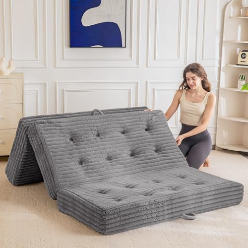 MAXYOYO Folding Sofa Couch Bed, 6 Inch Tri-Fold Floor Sofa Bed, Folding Mattress with Handles, Soft Faux Fur Folding Bed with Supportive Foam Filling, Portable Couch for Living Room, Twin, Grey