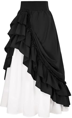 INOGIH Womens Casual-Elastic-Ruffled Renaissance-Skirt Victorian-Layered-Medieval Layered Maxi Skirts Black