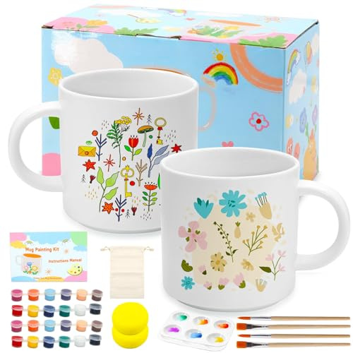 Scettar Kreatives Keramik Bemalen Set für Zuhause mit 2 Tassen,12 Farben 4 Pinseln,2 Schwämmen und 2 Paletten,Porzellan und Tassen Bemalen Malset,DIY Geschenkidee für Erwachsene und Kinder