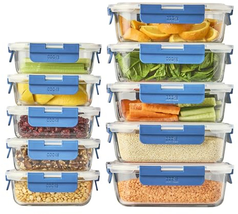 Cooks Professional Set di 10 barattoli in vetro per alimenti con coperchi ermetici in plastica, 10 pezzi, adatti per frigorifero, congelatore, forno e microonde, per conservare pasti e ingredienti, 5