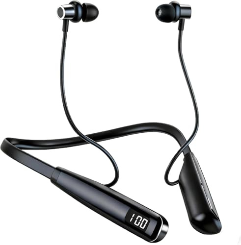 Auricolari Bluetooth 5.3 con archetto per il collo Sport senza fili In-Ear | con 30 ore di autonomia e display LED, IPX4 impermeabili, auricolari magnetici con microfono per corsa, fitness, palestra