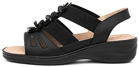 Softlites Womens Black Wedge Flower Slip On Sandal - Size 8 UK - Black