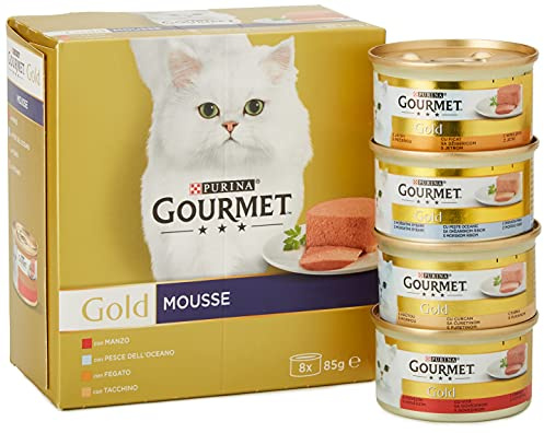 GOURMET Gold - Cibo Umido Gatto Adulto, Mousse con Pesce dell'Oceano, Fegato, Tacchino, Manzo. 96 Lattine da 85 g