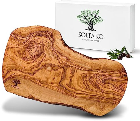 SOLTAKO Planche à Découper en Bois d’Olivier Brut, Planche Rustique, Planche Fromage, Plateau Apéritif Bois Olivier Tunisien, Planche Apéro artisanale 35-38 cm
