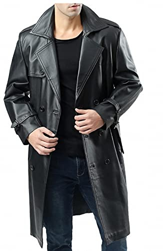 HiFacon Clásico traje largo gabardina para hombre abrigo de cuero largo largo largo abrigo de cuero negro, Gabardina de cuero negro, XXXL