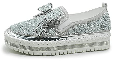 N/AB Women's Casual Fashion Platform Rhinestones Glitter Slip On Sneakers Cute Bowknot Flat Walking Loafers Platform Dress Shoes Silver 39