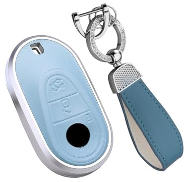 HIBEYO Key Fob Cover Fit for Mercedes Benz W223 S Class S300 S350 S450 S500 2020 2021 with Keychains Smart Keyless Entry Remote Key Case Holder Protection Cover Accessories-Light Blue
