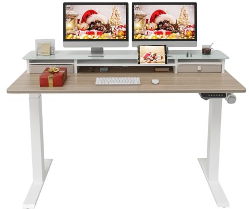 FEZIBO Schreibtisch Höhenverstellbar Elektrisch mit 2 Schubladen, 140 x 60 cm Stehtisch mit Memory-Steuerung, Stehpult Home Office, Antikollisionssystem, Hell Braun