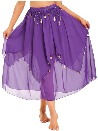 Jowowha Women Long Chiffon Training Performance Dancing Belly Dance Skirt with Coin Beads Trim Purple One Size