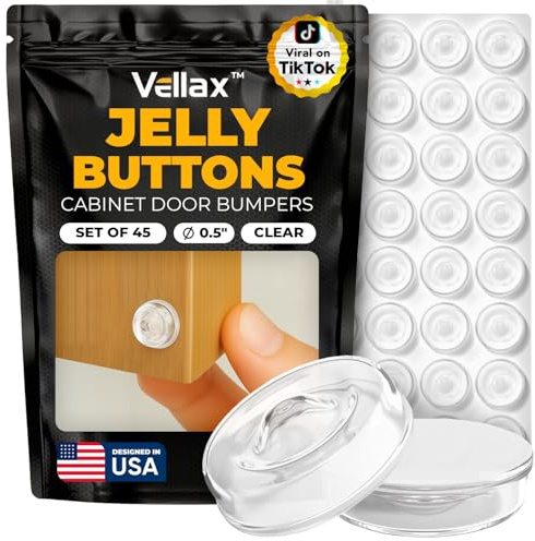 45 Clear Silicone Cabinet Door Bumpers – Self-Adhesive Pads, Quiet Soft Close Drawer Stoppers, Kitchen Sound Dampening Jelly Buttons – Vellax