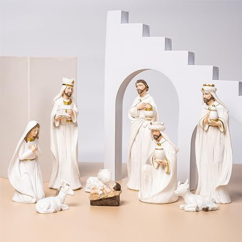BestAlice Presepe Set Presepe di Natale Statuine del Presepe in Resina Set Ornamenti di Natale Regali Scene da Tavolo di Natale Figure Set da Collezione Statue da Banco Artigianato Accessori(Bianco)