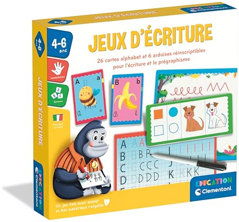 Clementoni | Jeux d'Écriture pour Enfants 4–6 Ans | Jeu Éducatif avec 26 Cartes Alphabet et 6 Ardoises Réinscriptibles | Apprentissage des Lettres Majuscules et Minuscules | Activités de Prégraphisme