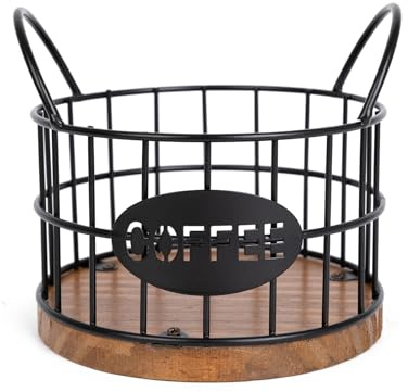 Fving Coffee Pods Holder for Countertop, K Cup Holder Organizer, Sturdy Kcup Storage Basket with Wooden Base, Pods Container for Kitchen Bar Counter Office Desktop (Black)
