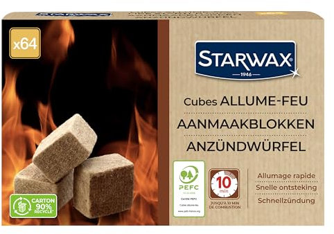 STARWAX - Cubi accendifuoco - Fino a 10 min. di combustione - Accensione rapida - Non altera il sapore degli alimenti - PEFC - x64 cubi