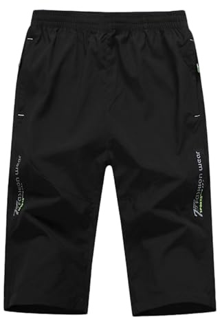 MakingDa 3/4 Length Shorts Men Summer Casual Baggy Lightweight Thin Below Knee Cargo Three Quarter Long Shorts with Zip Pocket Elastic Waist Cropped Trousers-X-Black-XL