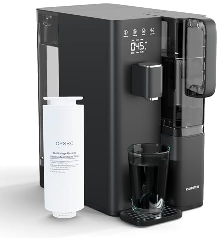 filtre à eau Klarstein VitalPour - osmose inverse 5 étapes, distributeur d'eau chaude instantanée, 5 températures, réservoir 5 L & carafe 1,5 L, installation facile, écran tactile, sécurité enfants