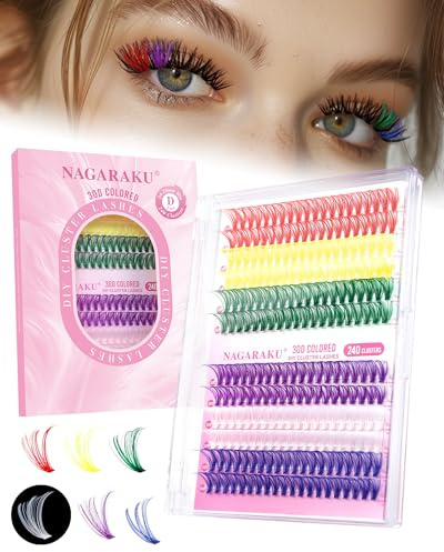 NAGARAKU Fairy Cils Cluster Colorés 30D Faux Cils 240 Pcs DIY Wispy Volume Bande Fine Knot Free Réutilisable Style Manga Cosplay Y2K Doux et Légers 6 Couleurs Mixées (0,07mm D 14-16mm)