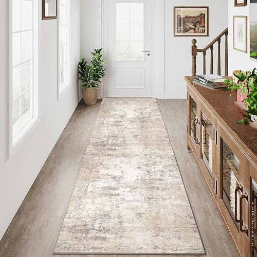 HUGEAR Waschbarer LäUfer Teppich Flur 60 x 240cm Beige Grau Modern Abstrakt Küchen Wohnzimmer Schlafzimmer Teppiche TeppichläUfer rutschfest Kurzflor Weich FlurläUfer TeppichläUfer Bettvorleger