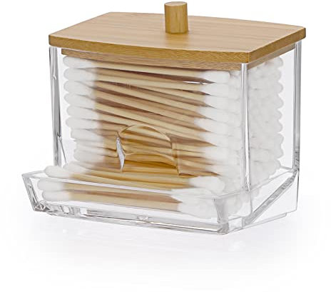 OGANAZI Acryl Wattestäbchen Box Kleine Schminktisch Organizer Transparent Aufbewahrungsbox mit Bambusdeckel für Badezimmer, Schlafzimmer, Waschbecken (Formgebung für leichten Zugang, haltbar, leicht)