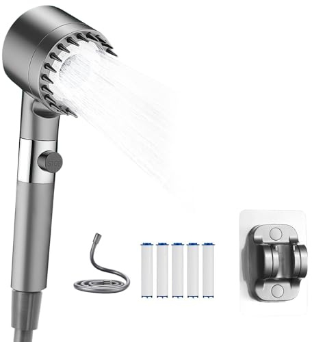 KUIRUNRX® Doccia con massaggio, Doccia Pressurizzata, Soffione doccia con filtro di ricambio e tubo (grigio scuro +5 filtri + tubo (1,5 metri)