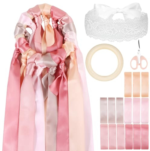 BOFUNX 15pcs Brautstrauß Seidenbänder + Holzring + Spitze Augenbinde + Schere, Hochzeit Blumenstrauß Bänder Set Kreatives Hochzeitsspiele für Braut Gäste