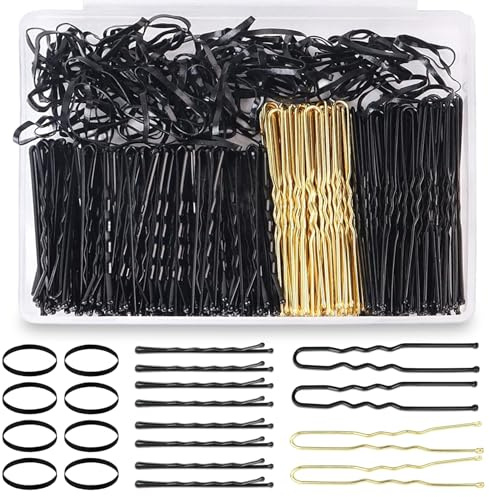 Aucuu 300 st Bobby Pins kit, 100 mellanvågade hårnålar, 50 svarta U-formade hårnålar, 50 guld U-formade H-air-pennor, 100 svarta elastiska band, med förvaringsbox, för alla H-lufttyper