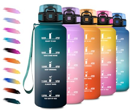 Sport Trinkflasche 1,5L, Sportflasche mit Filte, Kohlensäure Geeignet, Auslaufsicher, Motivierende Wasserflasche mit Zeitmarkierung, Wasserflasche für Fitness, Camping, Fahhrad, Wandern, Sprudel