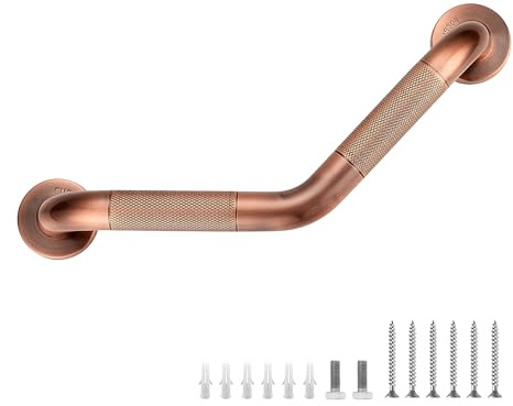 Grab Bars for Shower, 1 Pack, 16 Inch Angled Anti-Slip, Antique Copper | Grab Bars for Bathroom, Knurled V-Shaped Grip for Seniors, 1-1/4-Inch Diameter, 15-Inch Hole Centers, Check Stud Spacing