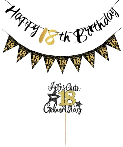 18th Geburtstag Deko Set, Schwarz Gold Girlande & Dreieckige Flagge & Kuchen Topper, Torten Deko 18 Geburtstag und Happy 18th Birthday Banner Wimpelkette