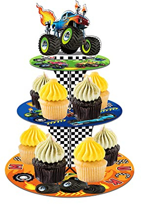 CC HOME 3 Etagen Monster Truck Tortenständer Cupcake Ständer,Kuchenständer aus Pappe Dessert Turm für Auto Geburtstag Deko Tortendeko Tischdeko Geburtstagsparty Party Dekorationen