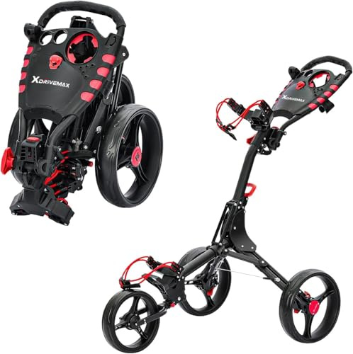XDriveMax GC408 Folding Golf Push Cart, 3 Wheel Golf Trolley Lightweight Golf Bag Pull Cart Caddy Cart for Golf Clubs and Golf Bag with Cup Holder Scorecard Holder/Storage Compartment(Red) Pack