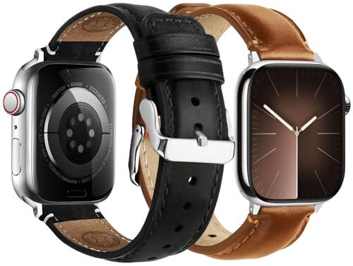 Fullmosa Läderarmband, 2 stycken kompatibla med Apple Watch-armband, ersättningsarmband av äkta läder för iWatch Series Ultra, SE, 11, 10, 9, 8, 7, 6, 5, 4, 3, 2, 1, 42mm(S10/11) 41mm 40mm 38mm