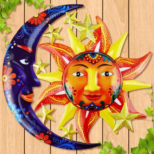 Giyiprpi Sun and Moon Face Metal Wall Art Decor, 13.7 inches Outdoor Wall Art Fence Decor, Sun Moon Stars Wall Hanging Decoration for Garden Farmhouse Yard Patio Fence Living Room Bedroom