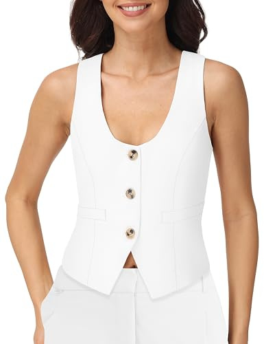 V VOCNI Women's V Neck Vest Top Fully Lined Vest Waistcoat White M