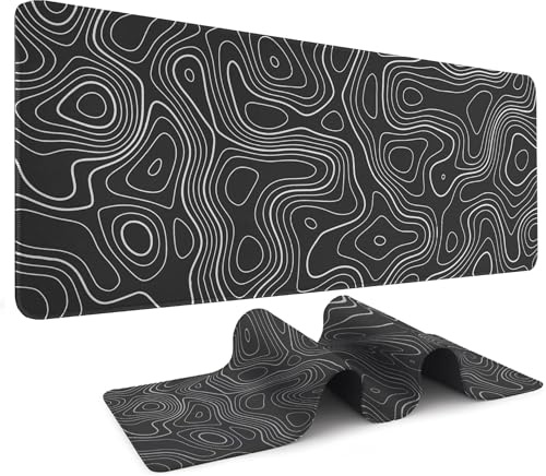 Large Gaming Mouse Pad 80x30cm, Topographic Map Desk Mat with Non-Slip Rubber Base, Waterproof Keyboard Pad with Stitched Edges for Gaming, Office, Home