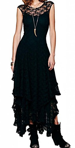 R.Vivimos Damen Sommerkleid ärmelloses unregelmäßiger Rand Lange Maxi-Kleid Party Kleider(S,Schwarz)