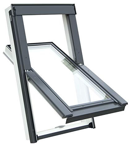 Kunststoff Dachfenster Balio Schwingfenster mit Eindeckrahmen und Rollo (Verdunkelungsrollo) 114x112 cm kompatibel zum Austauch alter wie Velux Dachfenster 114x118