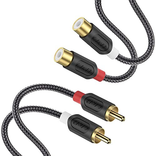 J&D Cavo di Prolunga 2 RCA Maschio-Femmina - Cavo Audio RCA Placcato Oro con Rivestimento in Nylon e Guscio in PVC [Serie Audiowave] per Home Theater, Ricevitori, Amplificatori, Altoparlanti, 0,9 m